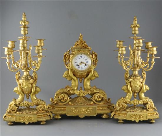 A 19th century French ormolu clock garniture, H.21in.